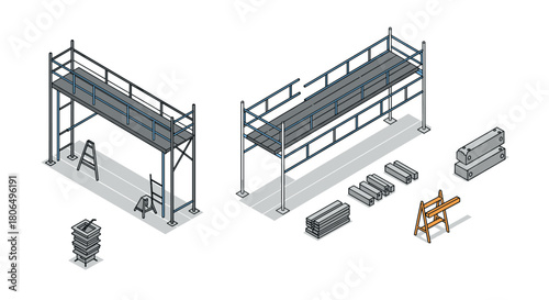 Isometric construction scaffolding set with building materials and tools