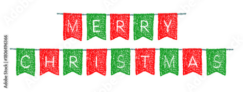Christmas banner with garland flags. Crayon bunting with Merry Christmas text. Red and green pennants with letters on string. Xmas garland drawn with crayon, vector illustration