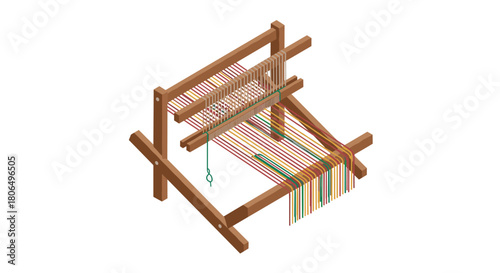 Traditional wooden loom isometric design with colorful threads