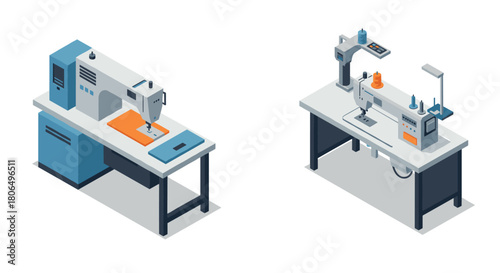 Isometric sewing machines on workbenches: modern industrial design