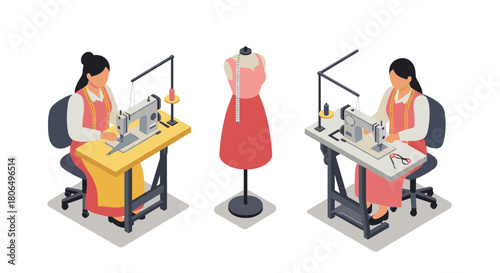 Isometric fashion design scene with seamstresses and dress form in tailoring studio