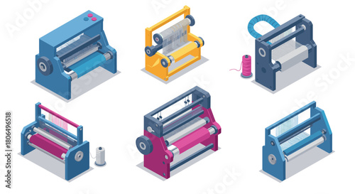 Isometric textile machines collection for industrial fabric production and sewing projects