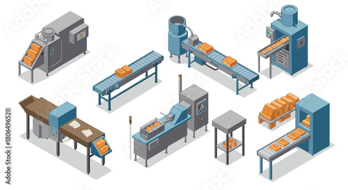 Industrial bread processing line with modern equipment in isometric style