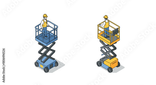 Construction worker on scissor lift platforms in isometric style for safety and efficiency