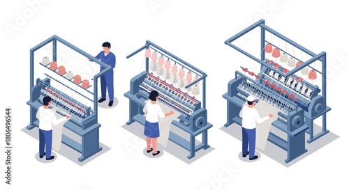 Isometric factory scene of workers operating industrial textile machines