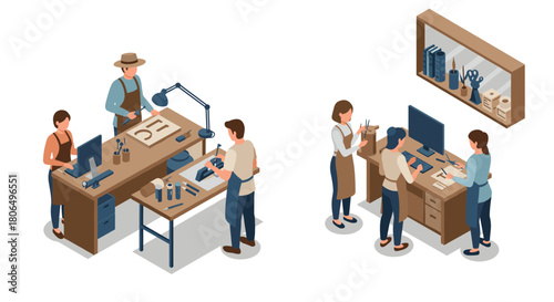 Isometric workshop scene with people crafting and designing in office environment