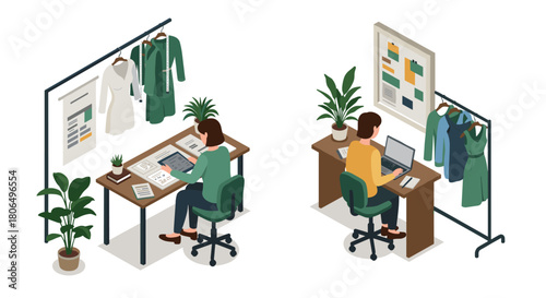 Isometric modern home office scene with fashion designers working remotely