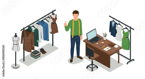 Isometric fashion designer workspace with clothing racks and desk setup