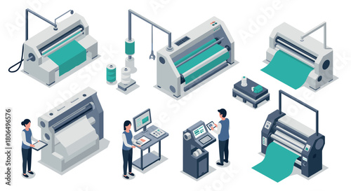 Isometric industrial printing machines with workers operating various equipment