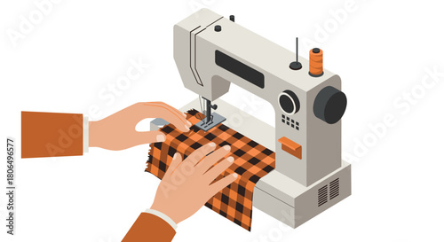 Sewing machine with hands stitching plaid fabric in isometric style