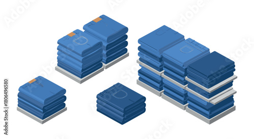 Isometric illustration of stacked denim jeans in various shades of blue
