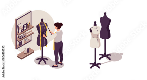 Tailoring craft scene with mannequins and designer in modern workspace