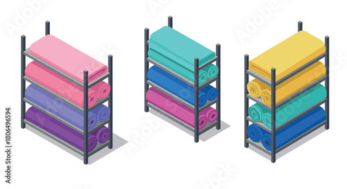 Colorful towels on racks: isometric design for home and bath decor