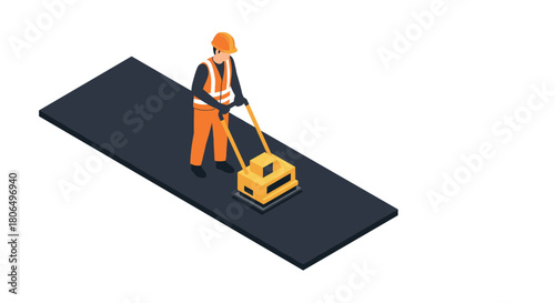 Isometric construction worker operating vibratory plate compactor on asphalt