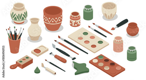 Isometric pottery and painting tools with decorative patterns and brushes in earthy tones