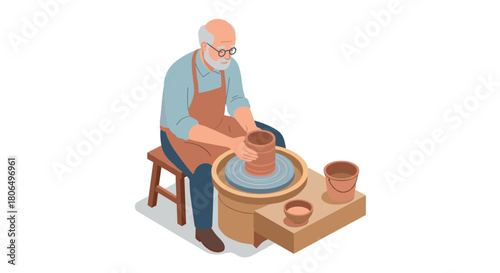 Elderly potter crafting clay pottery in isometric style on pottery wheel