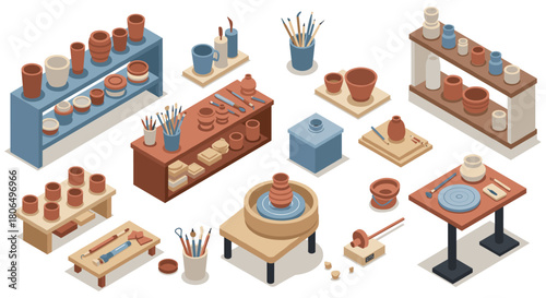Isometric pottery workshop with clay tools and shelves in earthy tones