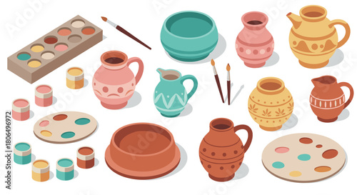 Colorful pottery with paints and brushes in isometric flat design