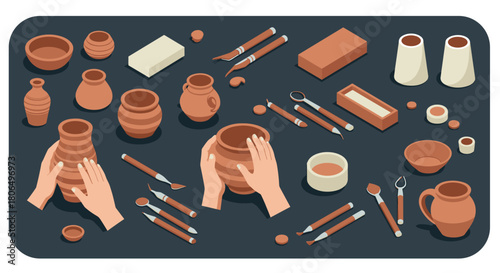 Isometric pottery crafting scene with ceramics and tools on dark background