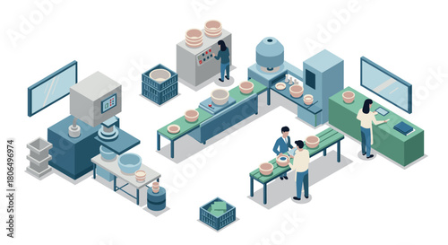 Modern isometric pottery workshop with people crafting ceramic products