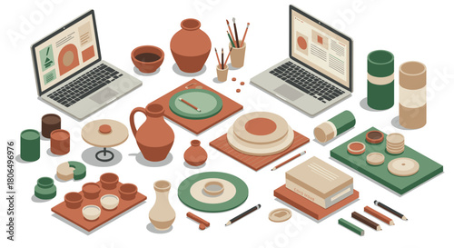 Modern workspace with pottery and laptops in isometric design