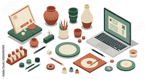 Creative workspace with laptop and pottery tools in modern isometric design