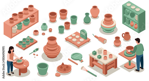Isometric pottery workshop scene with diverse ceramic creations and tools