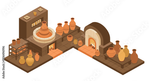 Isometric pottery workshop with clay vessels and kiln on white background