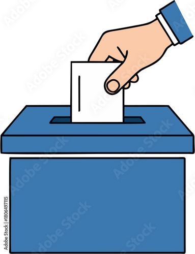 Hand dropping a ballot paper into a blue voting box for election or referendum, symbolizing democratic process and civic duty