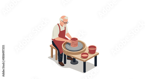 Senior potter crafting on wheel in isometric style workshop setting