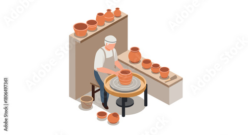Isometric pottery artisan crafting clay pot on wheel in workshop setting