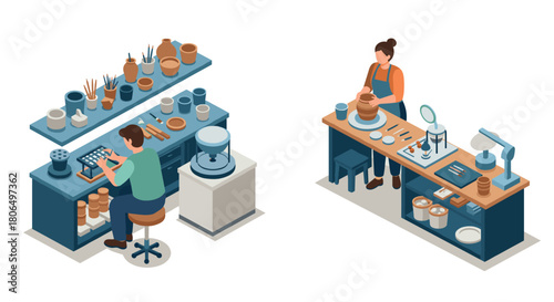 Isometric workshop scene with artists crafting pottery in modern studio setting