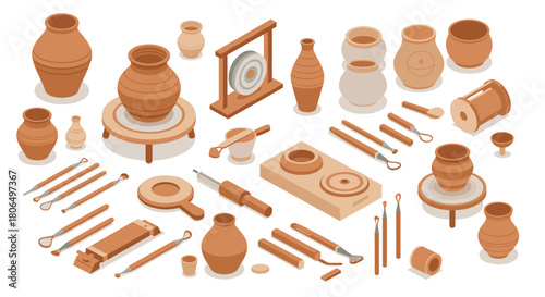 Pottery craft collection: tools, clay pots, and ceramics in isometric design