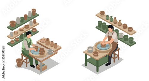 Isometric pottery workshop with two artists creating ceramic pieces