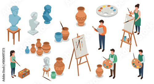 Artists painting and sculpting in a studio: isometric art creation scene