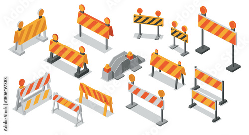 Isometric road construction barriers and barricades collection