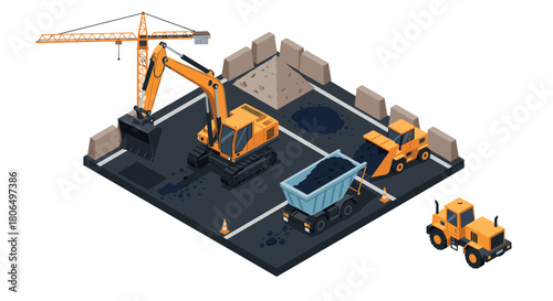 Construction site scene with heavy machinery in isometric design