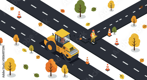 Isometric road construction scene with autumn trees and machinery