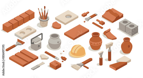 Isometric craft tools and materials for pottery and construction projects