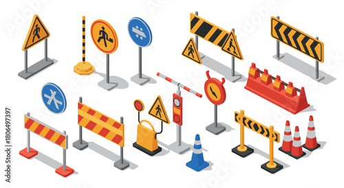 Isometric traffic signs and barriers collection with road safety symbols