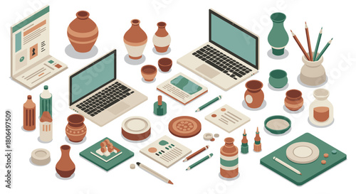 Isometric office and pottery elements with laptops and stationery on white background