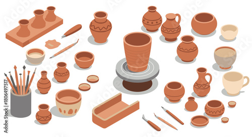 Isometric pottery workshop handcrafted ceramic tools and clay vessels on display