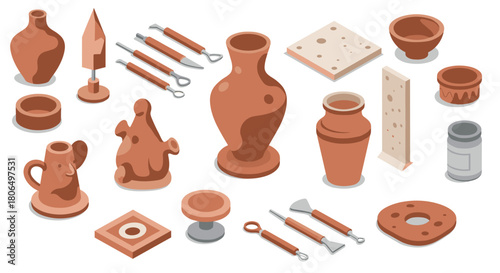 Isometric clay pottery tools and vases collection for ceramic crafting enthusiasts