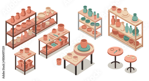 Isometric pottery studio with shelves and tables in pastel tones
