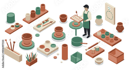 Isometric pottery workshop design with artisan and tools