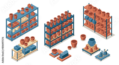 Isometric pottery workshop shelves with pottery tools and ceramic products in earthy tones