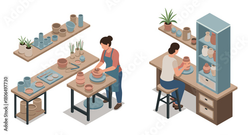 Isometric pottery studio with women crafting ceramics and decor elements