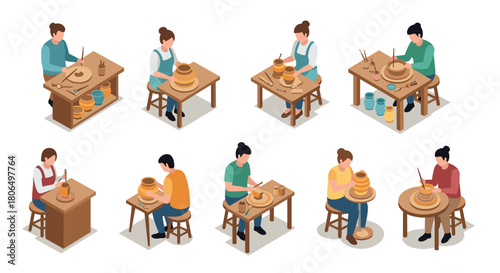 Pottery crafting diverse artisans at work in isometric style on white background