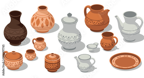 Diverse ceramic pottery collection displaying traditional patterns and isometric design