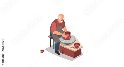 Elderly man crafting pottery on wheel in isometric art style